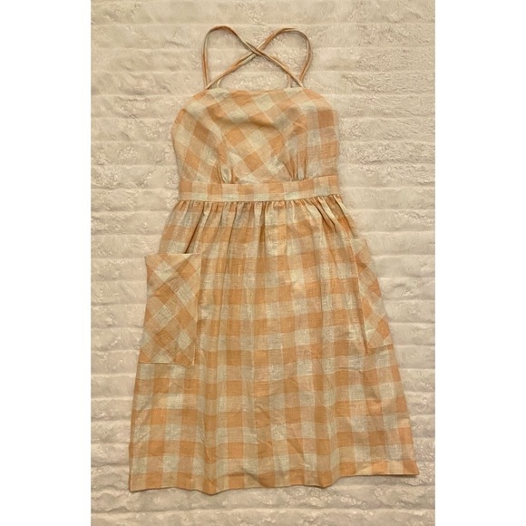 Beautiful Vintage Peach and Cream Linen Gingham Dress - Picture 2 of 7